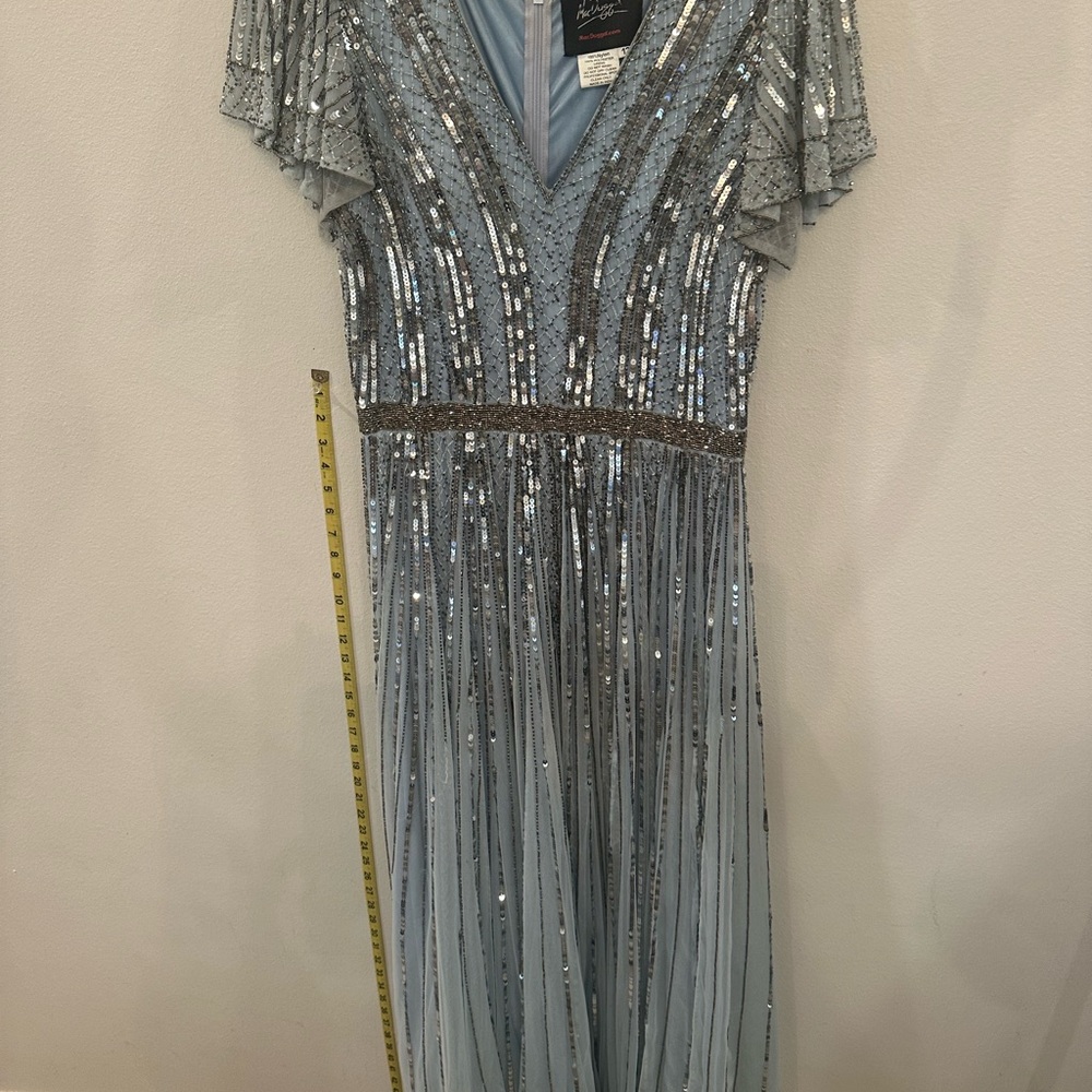Mac Duggal Light Blue Sequin Embellished V-Neck Maxi Dress